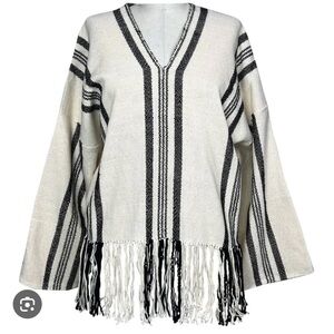 Apiece Apart Small Amelia Poncho Sweater Fringe Woven Stripes Black Cream Knit S